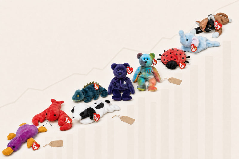Beanie Babies arranged with price tags for the weekly market report.