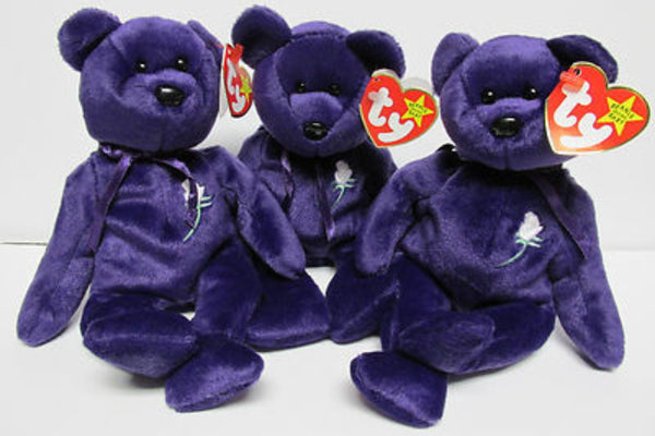 Three Princess the Bear Beanie Babies in deep purple with white rose embroidery and ty swing tags.