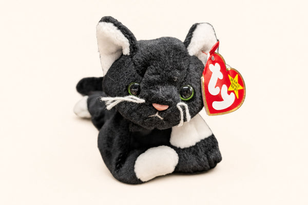 Zip the Cat Beanie Baby, black with white paws and inner ears, with Ty heart tag