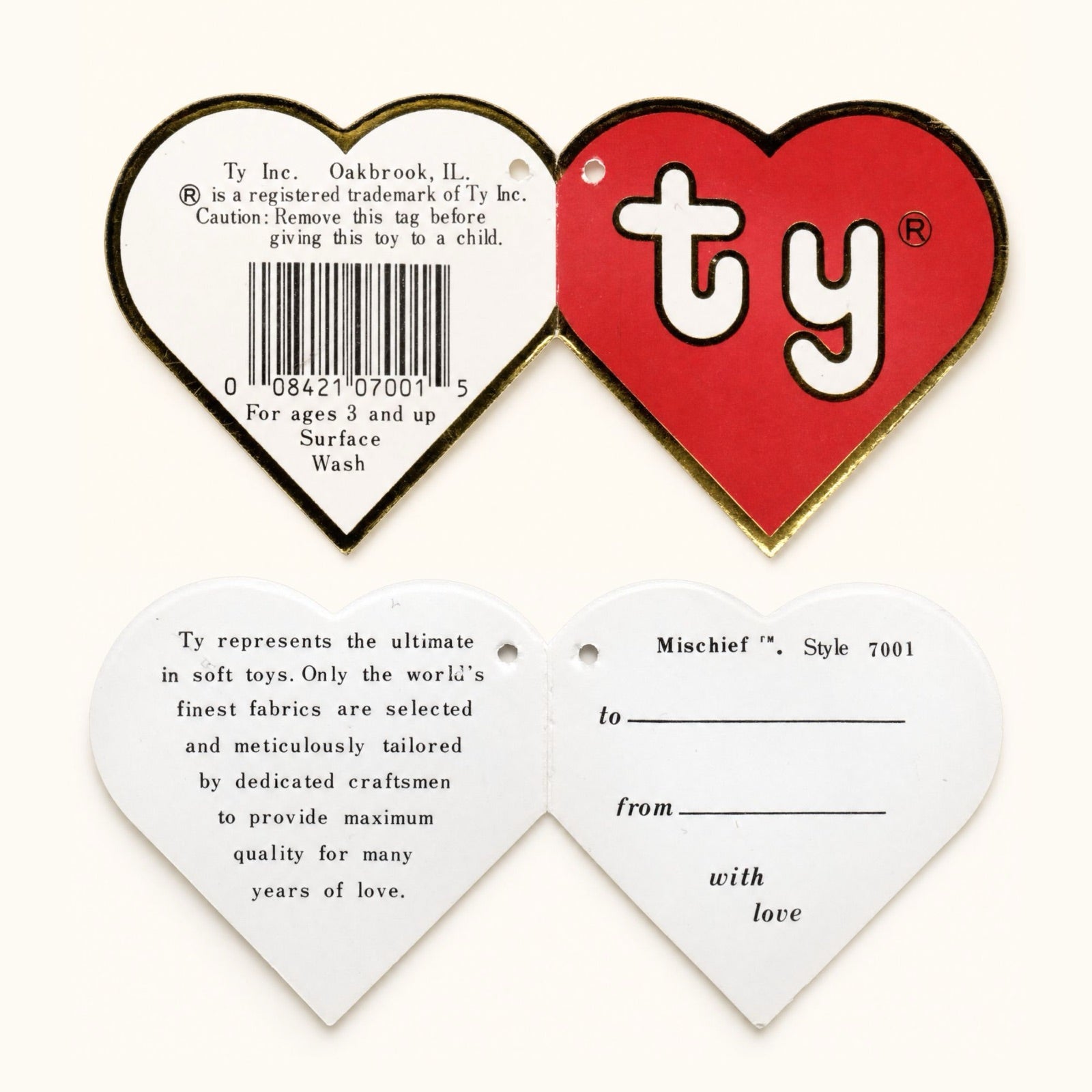 A book-fold Ty swing tag with the skinny ty front, barcode back and To/From gift section inside.
