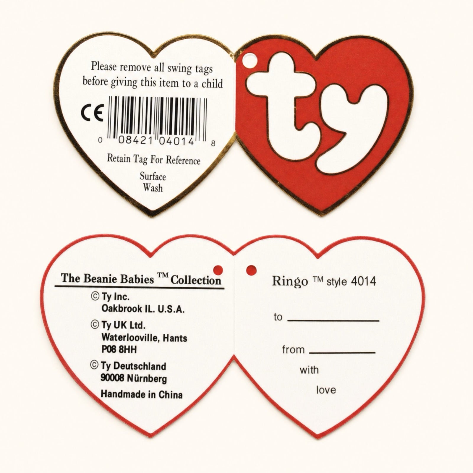 3rd generation swing tag, front, back and inside, from Ringo the Raccoon, showing the fat bubbly ty lettering with no star and the To/From gift section inside.