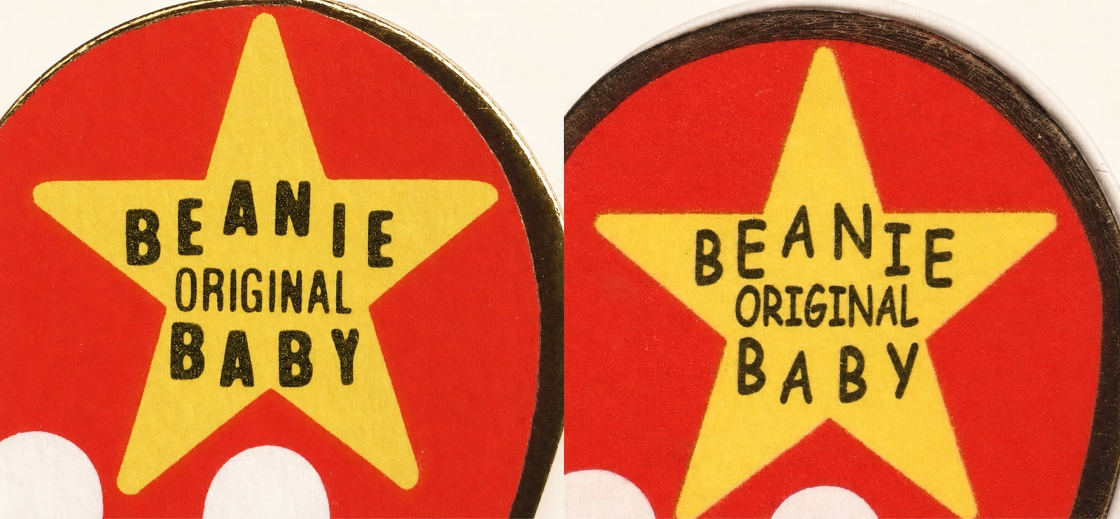 Close-up of the yellow Original Beanie Baby stars from a 4th and a 5th generation swing tag, showing the lettering change.