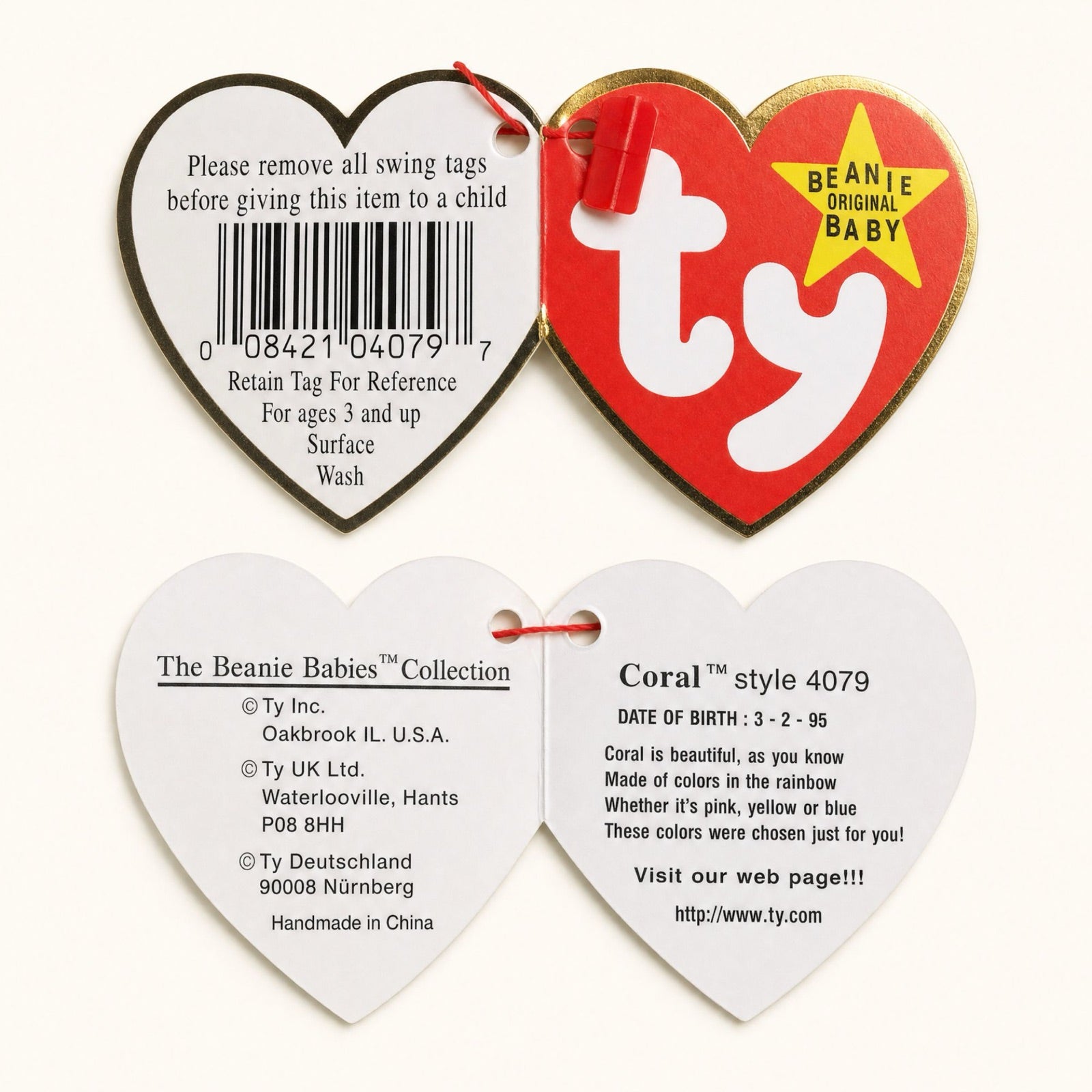 4th generation swing tag, front, back and inside, from Coral, showing the yellow Original Beanie Baby star, the poem, a numeric birthday and the style number.