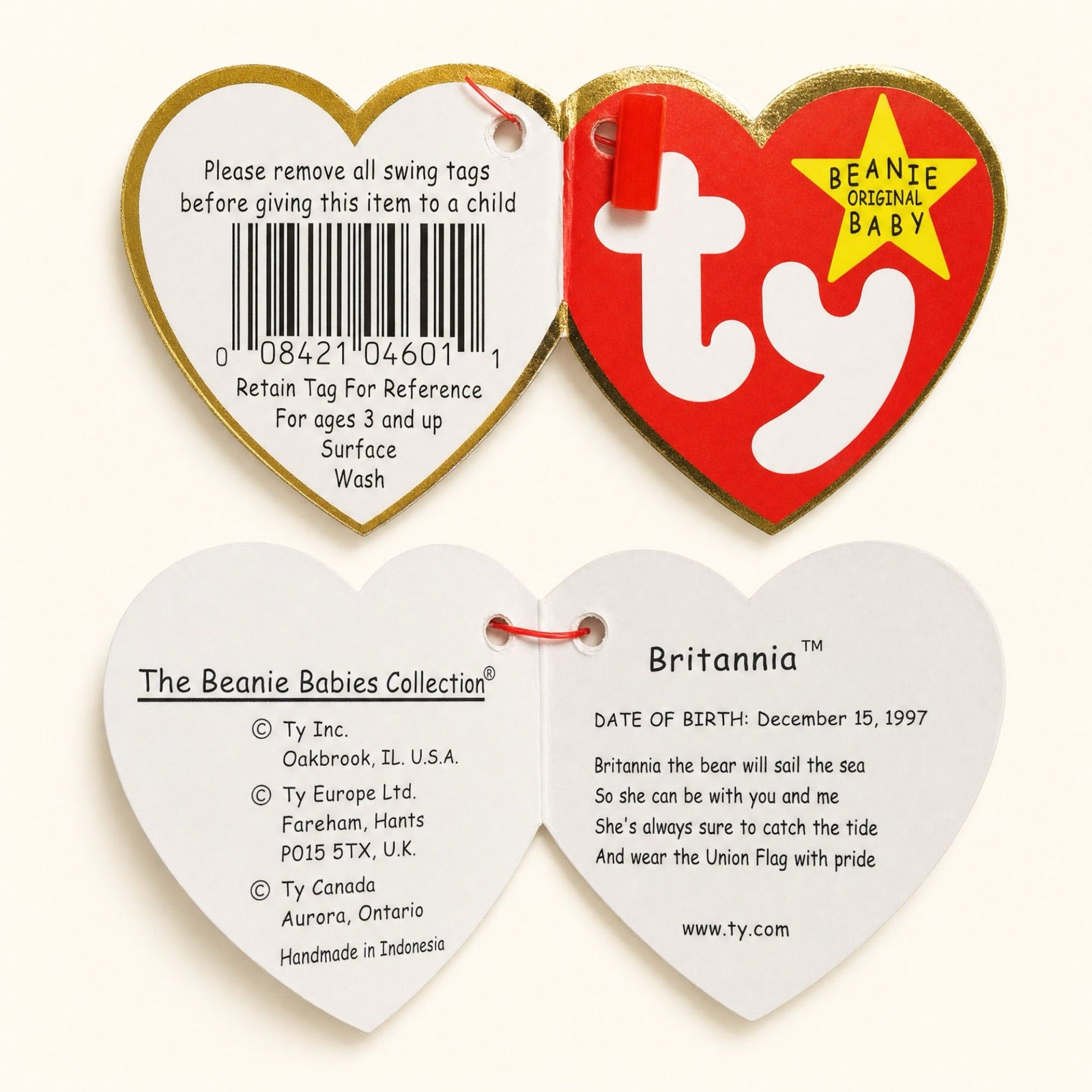 5th generation swing tag, front, back and inside, from Britannia the bear, showing the rounder typeface, a spelled-out birthday and no style number.