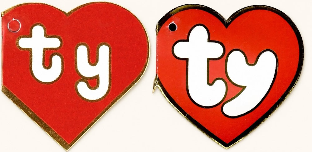 Thin ty lettering beside wider, rounder ty lettering on early Beanie Baby hang tags.