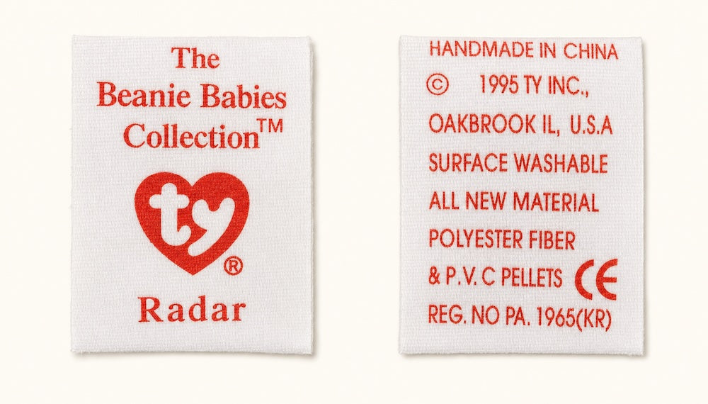 Front and back of a 3rd generation tush tag from Radar: red printing with The Beanie Babies Collection above the Ty heart and the character's name below it.